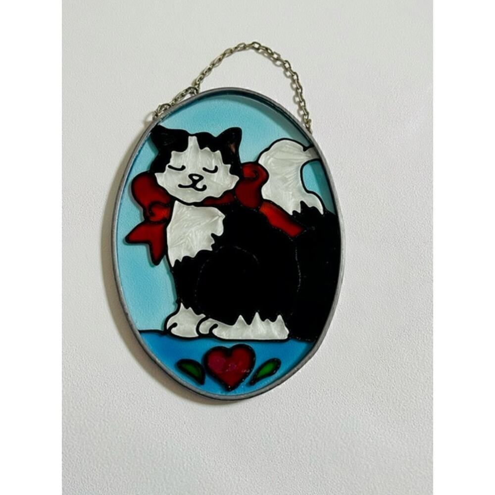 Sun Catcher Cats Flowers 5" Oval Painted Glass Wall Hanging Window Art